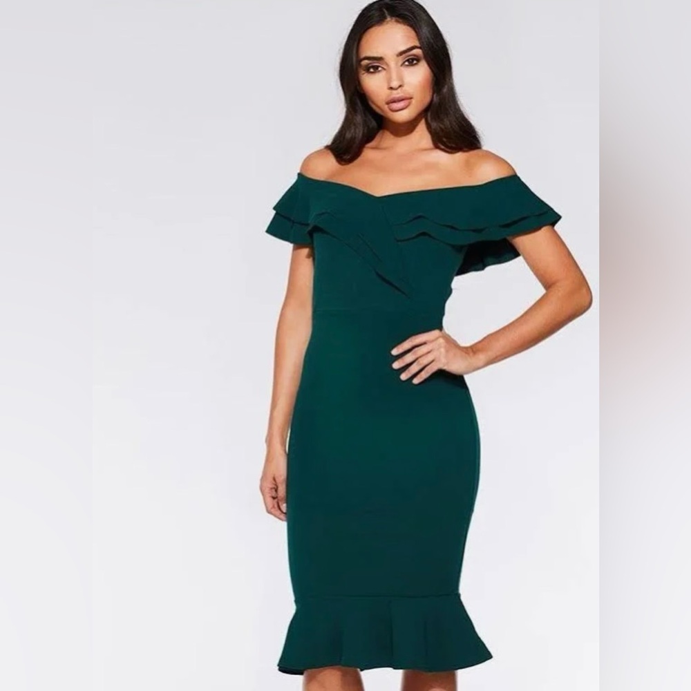 Emerald Green Ruffle Semi Formal Midi Dress (Size M)